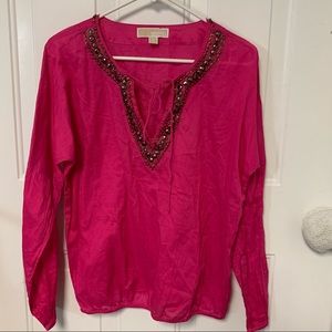 Michael Kors Womens Pink Lightweight Sheer Top Jeweled V-Neck With Tie Sz M